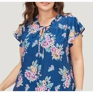 Plus Size 5X 28 BloomChic Tropical Floral Ruffle Sleeve Tied Neck Top Blouse NWT